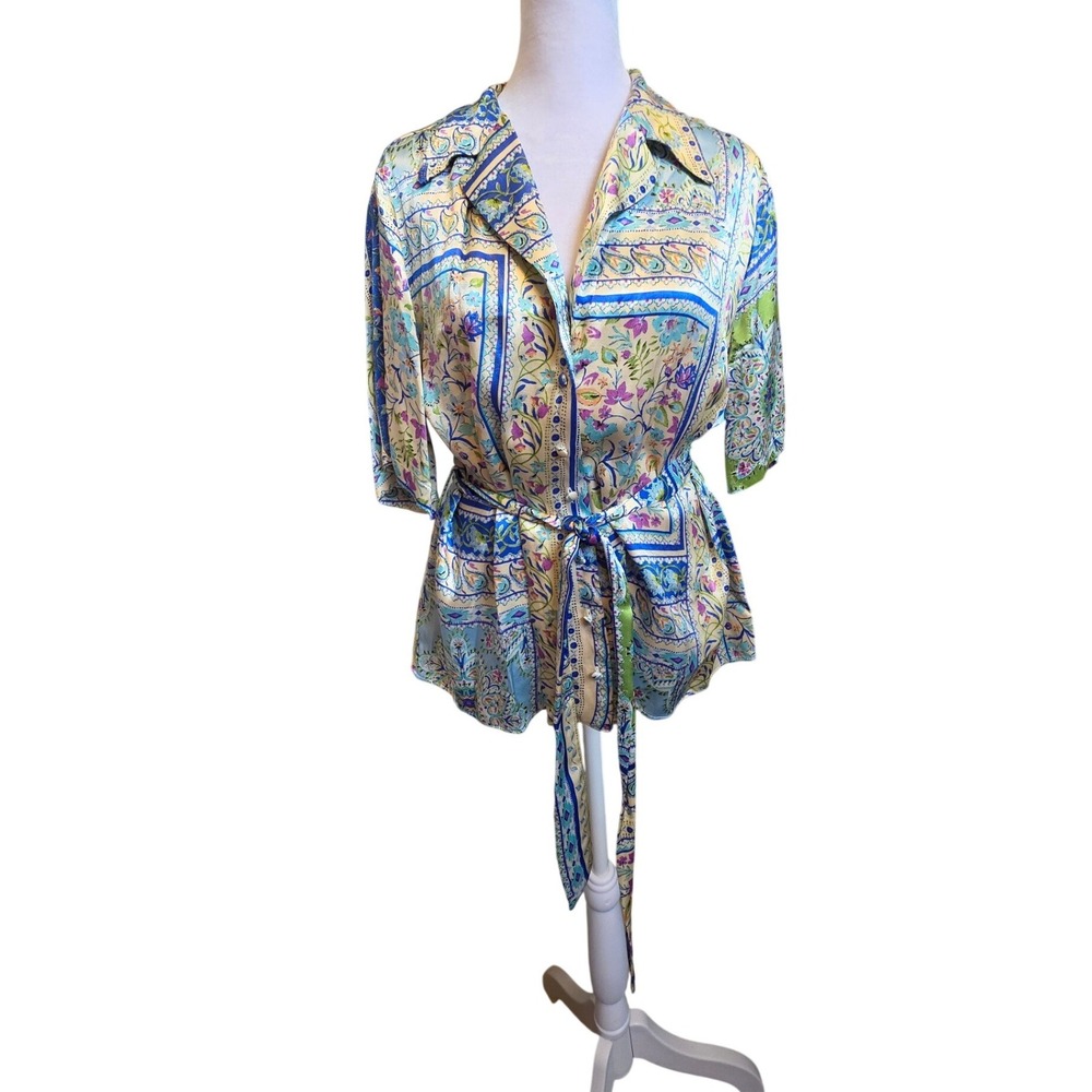 Zara Floral Paisley Print Satin Tie Waist Blouse Blue Yellow Large 3198/248 - Picture 8 of 9